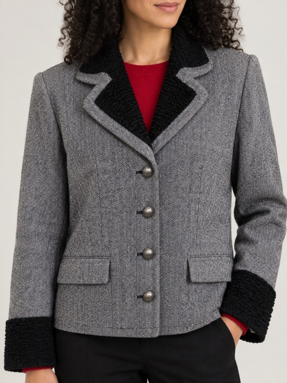 Vintage Hucke Herringbone Wool Silk Blazer Jacket Faux Fur Trim Grey Black Sz 12